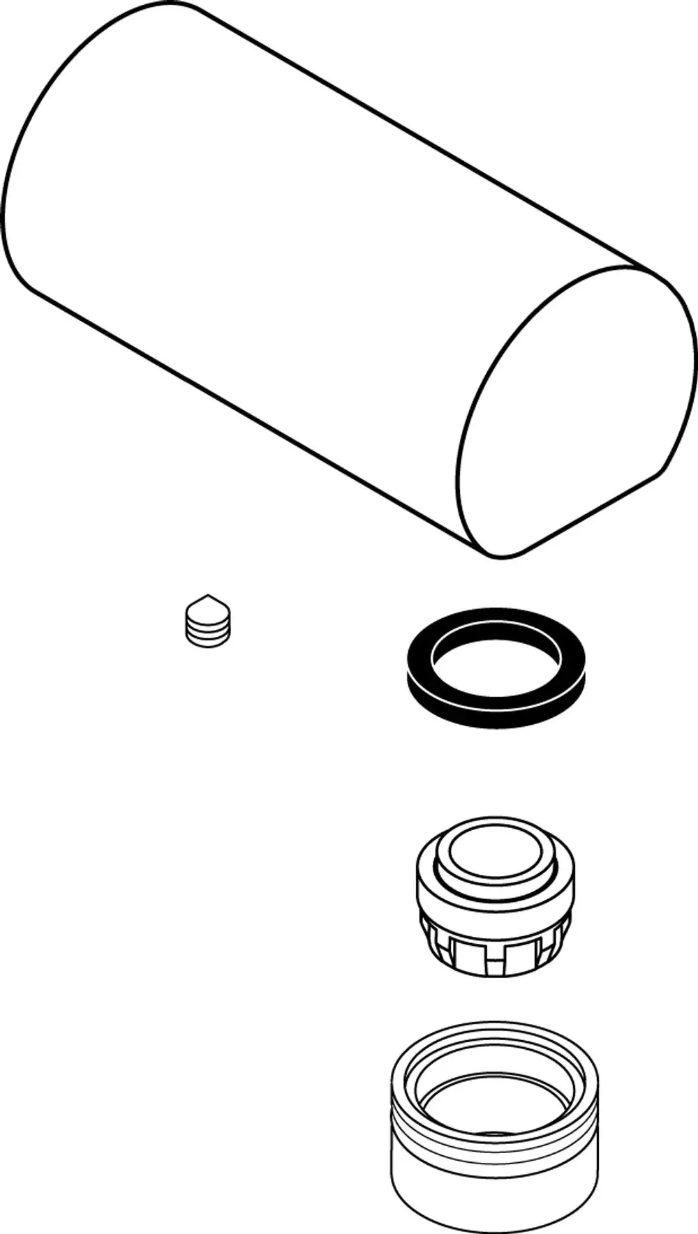 Schematische Darstellung eines Auslaufkopfes mit mehreren Komponenten, inklusive Dichtungen und Zubehör, für eine Ideal Standard Klinikarmatur.
